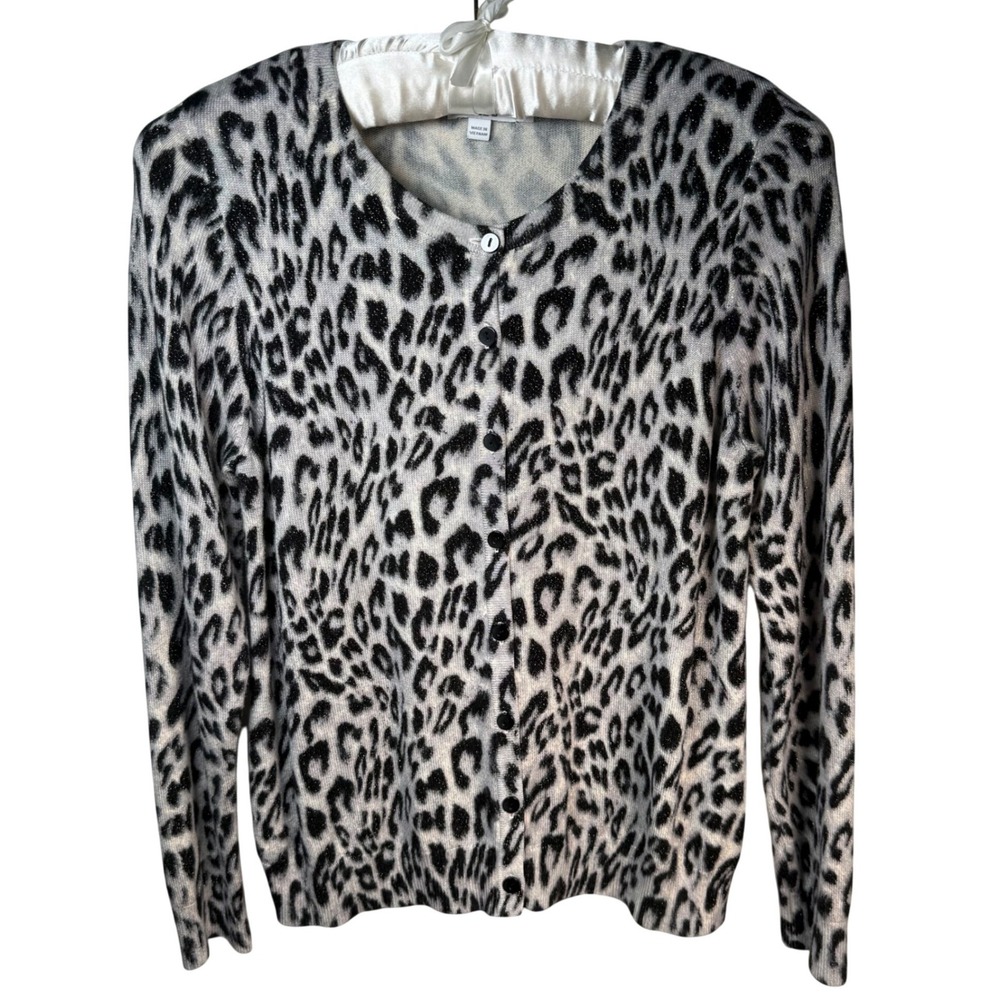 Chicos Leopard Print Metallic Cardigan Gray Black Tan Shimmer Size 1 Medium 8-10